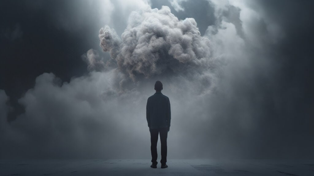 Man standing under cloudy sky, overcoming negative thoughts.
